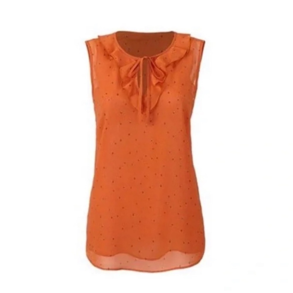 CAbi | #3764 Sprinkle Top Orange Sleeveless Ruffle with Speckle Print Sz S